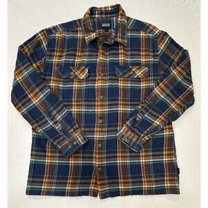 Patagonia Shirt Mens Large Blue Fjord Flannel Plaid 100% Organic Cotton Outdoor